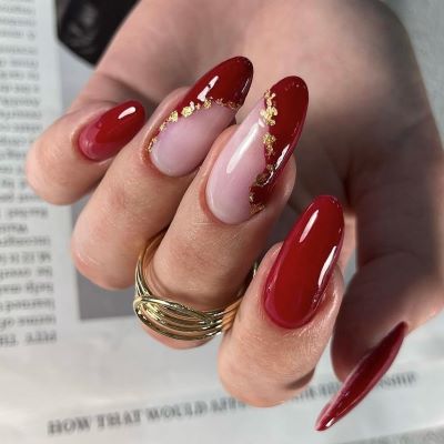red nails with silver shine